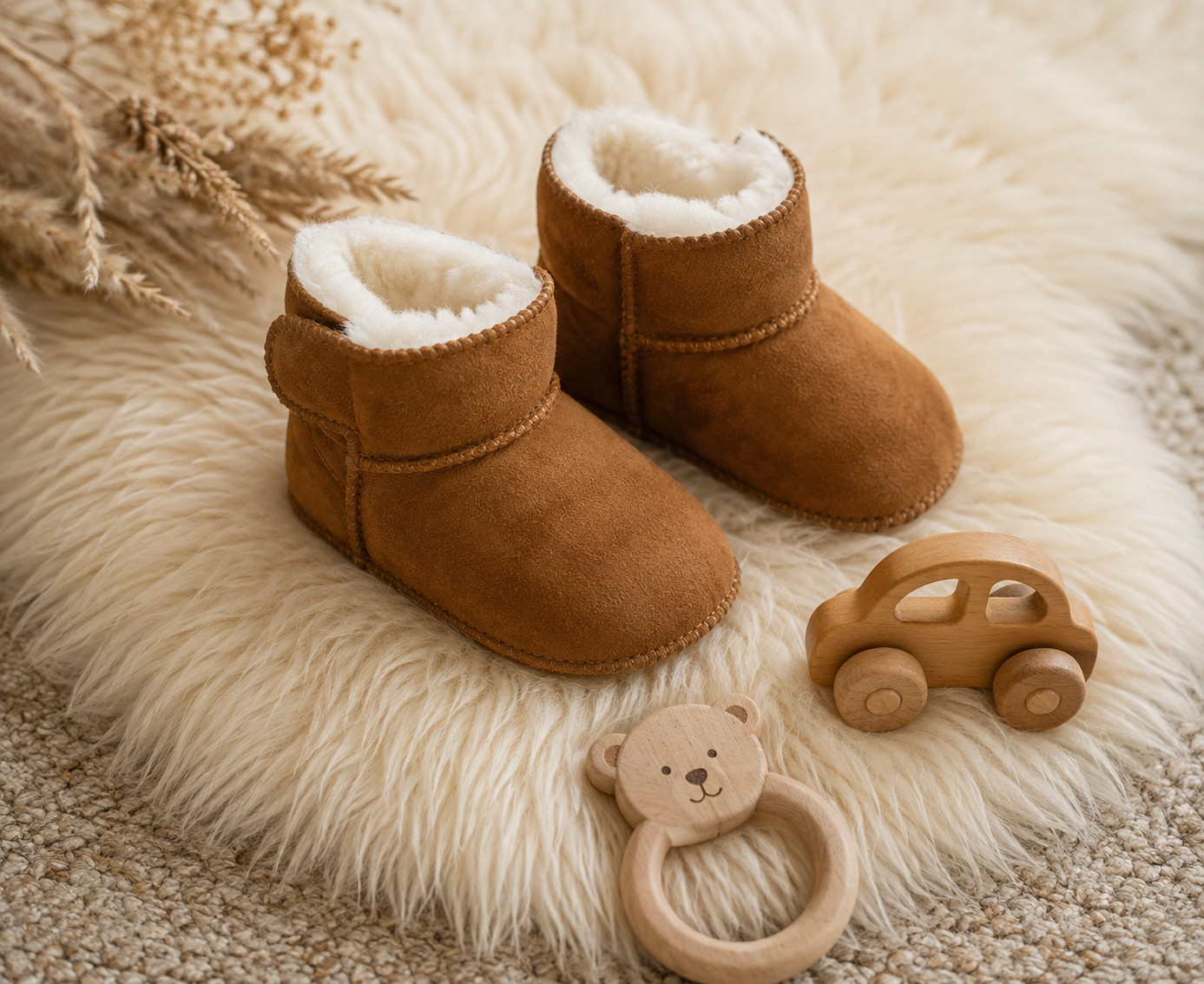 Baby-Lammfellschuhe mit Klettverschluss - Camel, Serie "Eisbärchen"