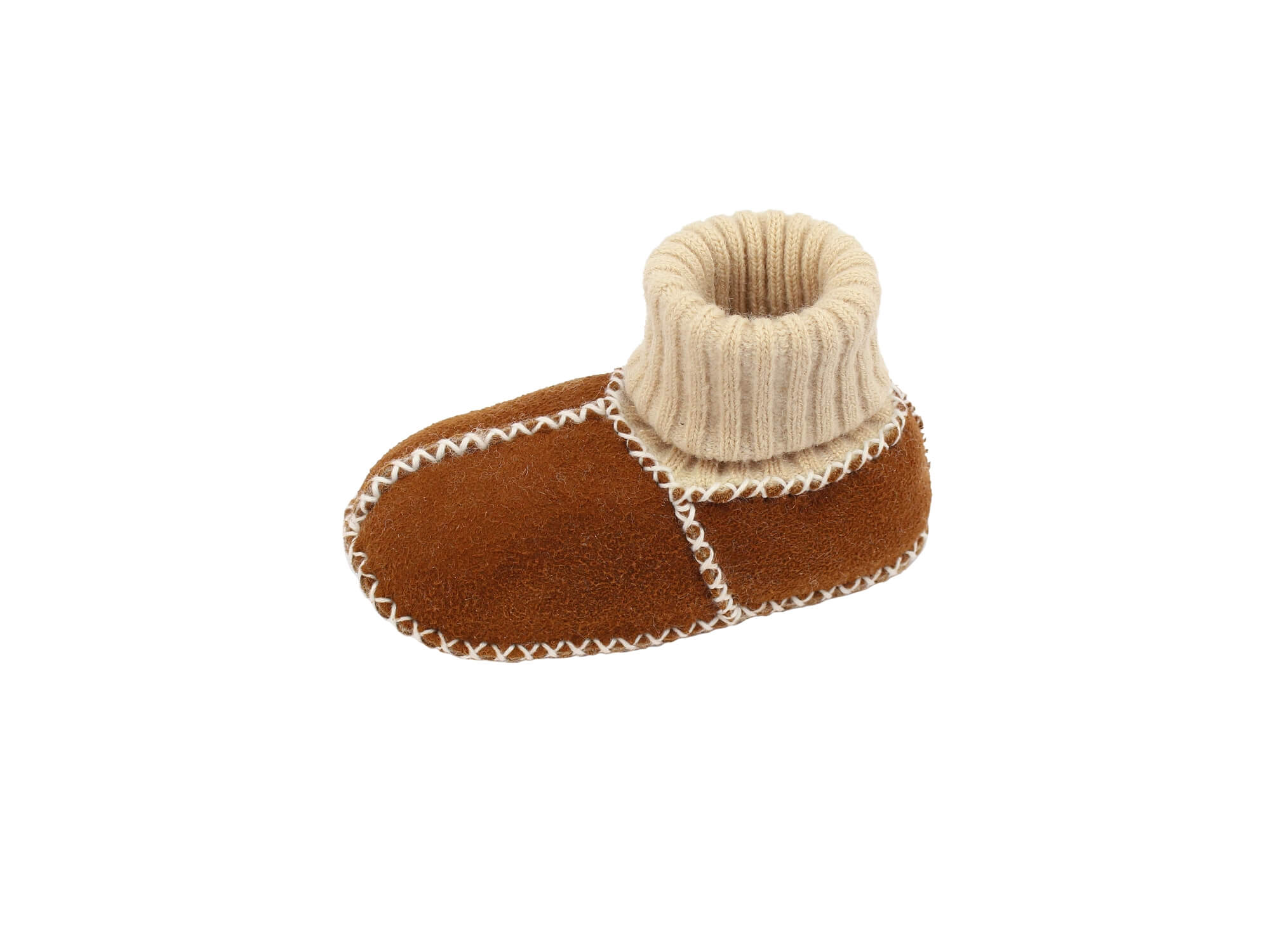 Baby-Lammfellschuhe mit Strickbündchen - Camel, Serie "Eisbärchen"
