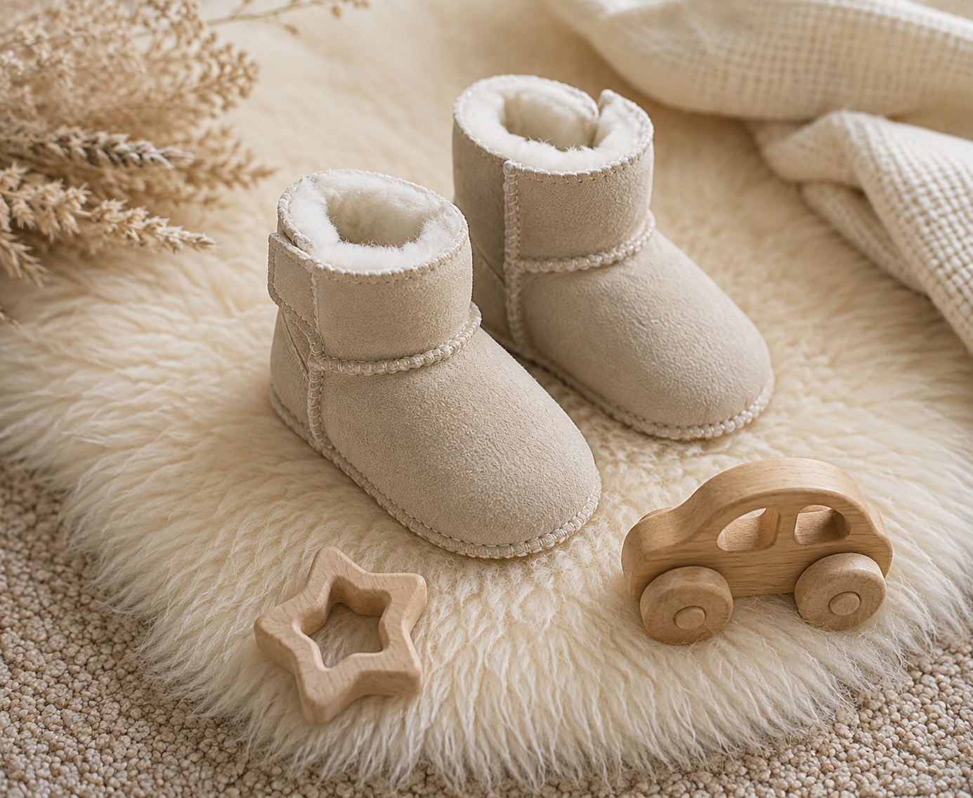 Baby-Lammfellschuhe mit Klettverschluss - Sand, Serie "Eisbärchen"
