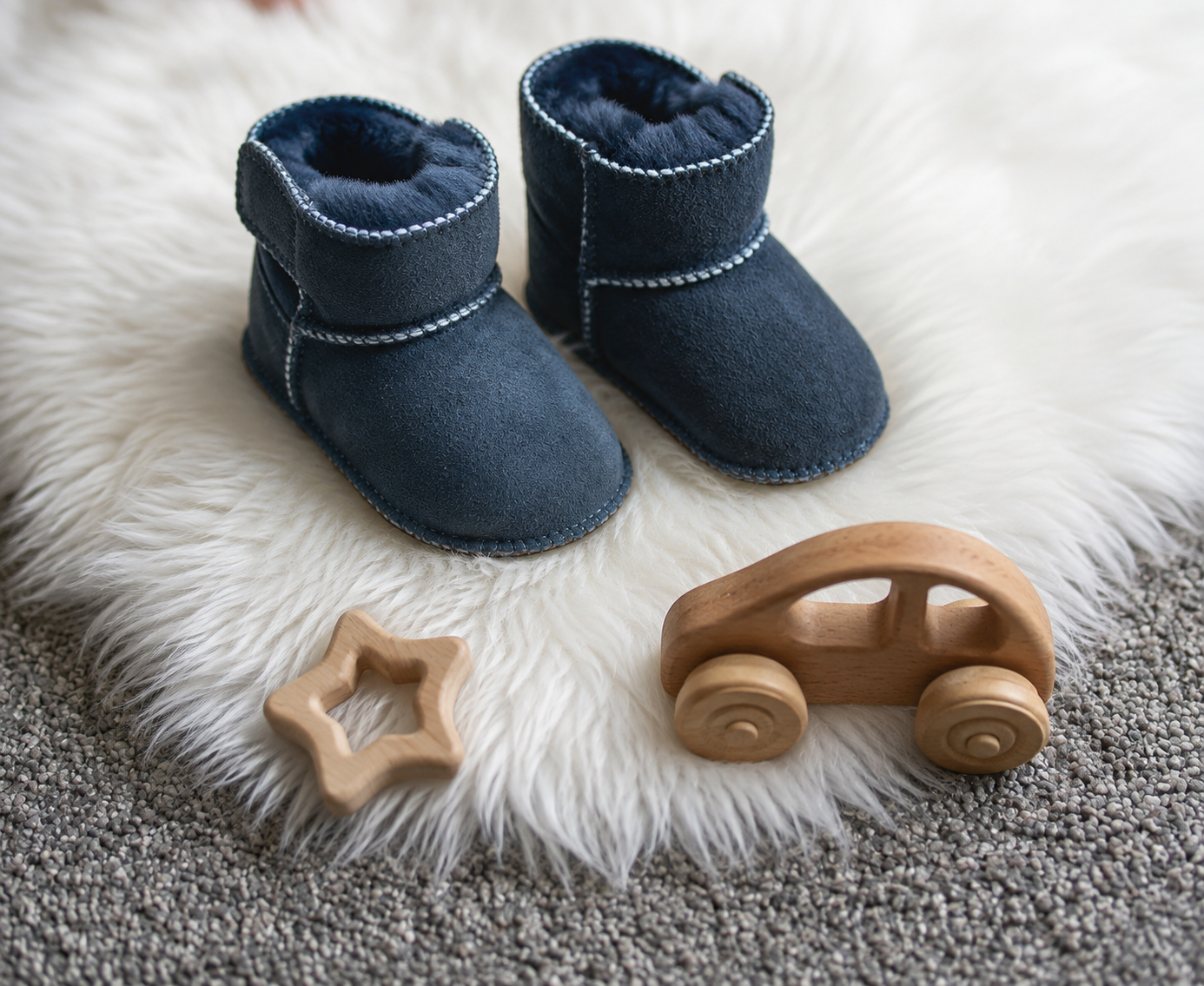 Baby-Lammfellschuhe mit Klettverschluss - Anthrazit, Serie "Eisbärchen"