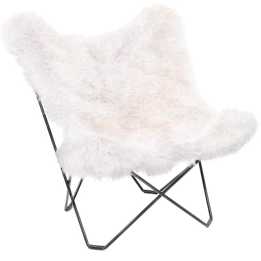 Butterflystuhl mit Lammfell (Naturhaarlänge, naturweiß)
